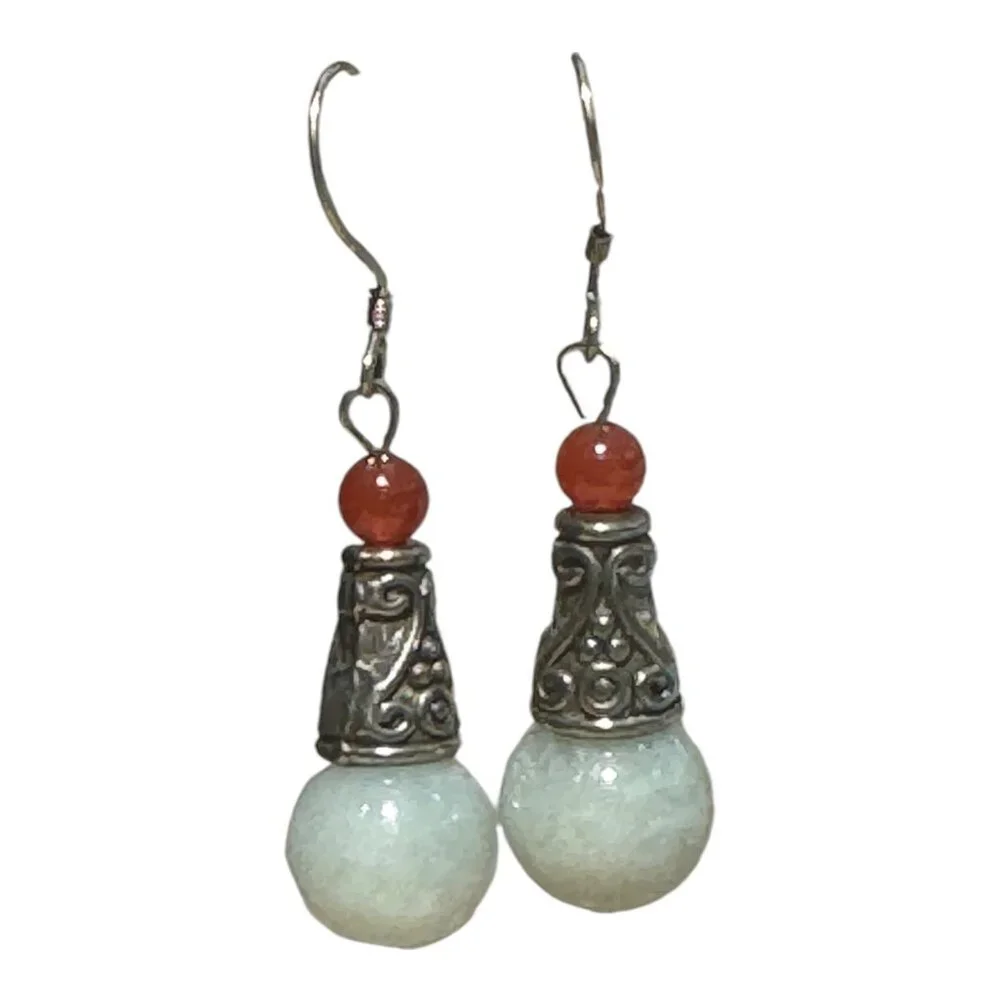 Vintage 925 Sterling Silver Dangle Earrings With Carnelian & Jade Beads Morocco - Picture 2 of 12